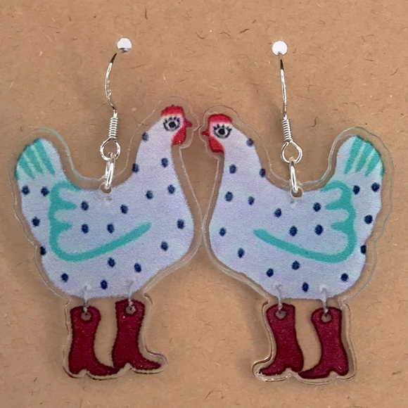Fashion Jewelry Jewelry - Charming Chicken Earrings with Red and Blue Accents